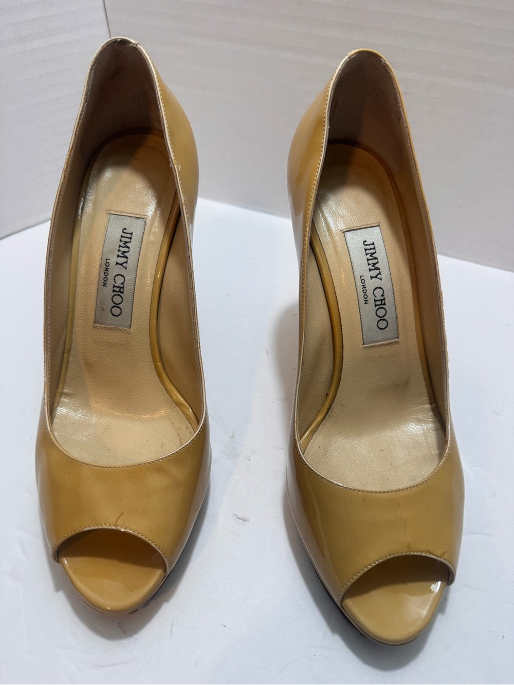 Jimmy Choo Patent Leather Peep Toe Platform Pumps Mustard Tan Size 8